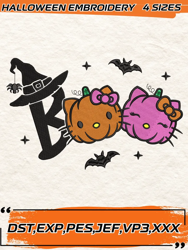 Boo Hello Kitty Halloween Embroidery Design,Halloween Embroidery Design, 4 Sizes, Digital Download