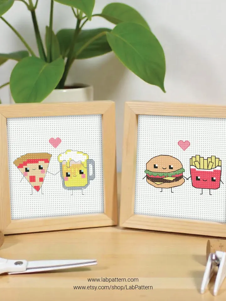 Bundle 4 Mini Foodie Couples Love Cross stitch patterns, Valentine's Day, beginner counted, modern chart, gift DIY, embroidery, instant PDF