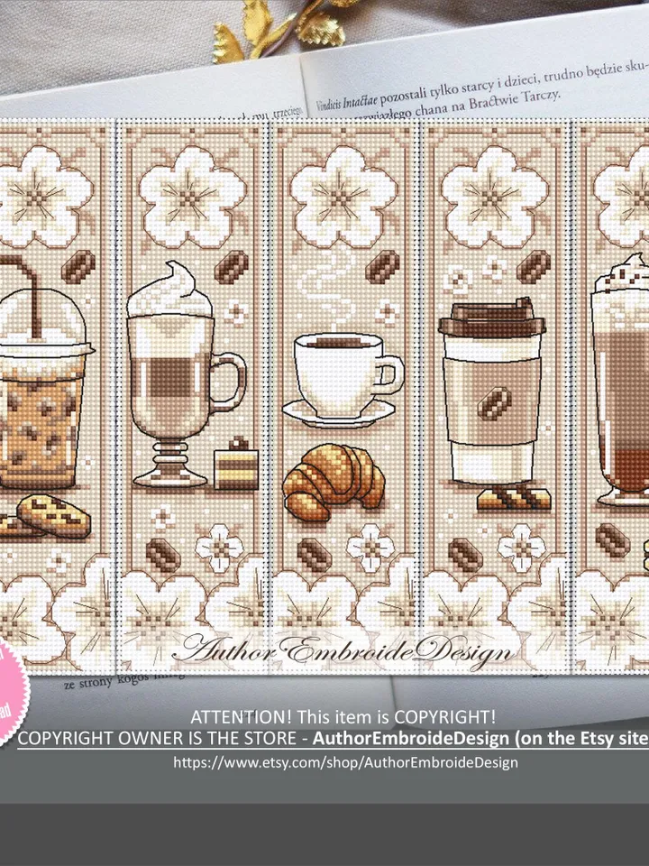 Coffee bookmark set cross stitch pattern PDF Coffee cross stitch chart, Bookmark pattern digital PDF Coffee lover gift, Coffee dessert #B379