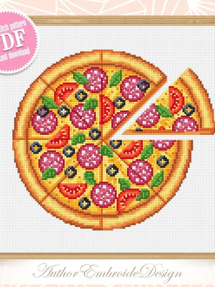 Pizza cross stitch pattern download PDF Italian food cross stitch chart, Pizza ornament digital pattern PDF, Kitchen cross stitch #F16