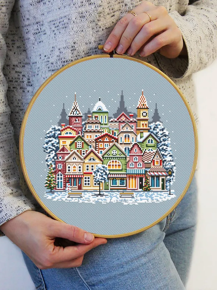 Christmas houses cross stitch pattern PDF download Winter cross stitch chart, Christmas city pattern digital PDF, Urban landscape #N144
