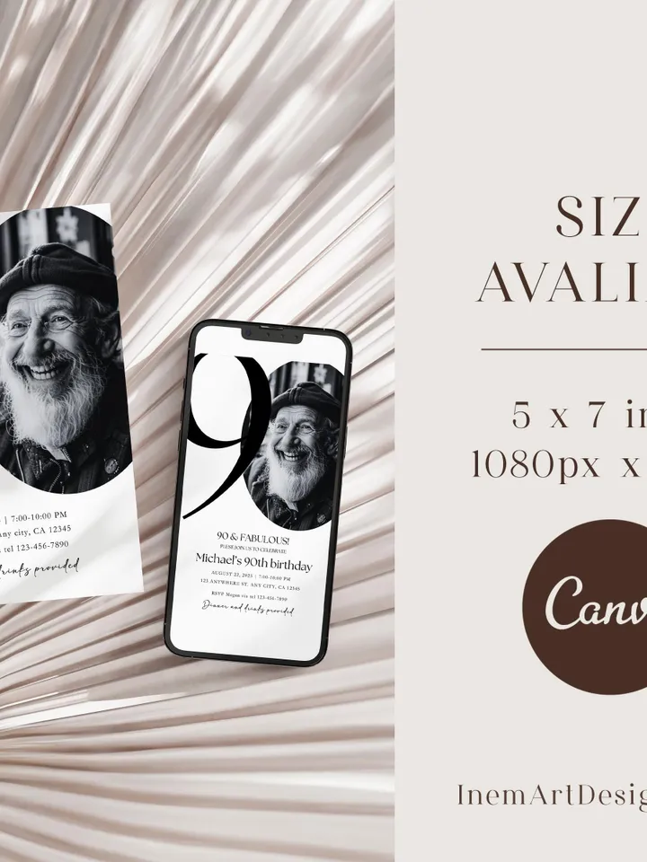 90th Birthday Party Invitation Card, Look Who's 90, Editable 90th Birthday Card Template, Printable Minimalist Birthday Photo Card Canva