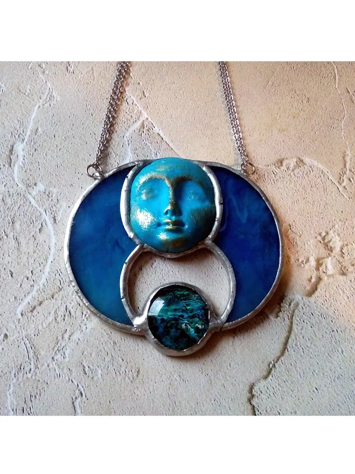 Stained glass blue moon, Moon Goddess, Moon phase necklace, Stainglass crescent, Full moon pendant, Moon face necklace