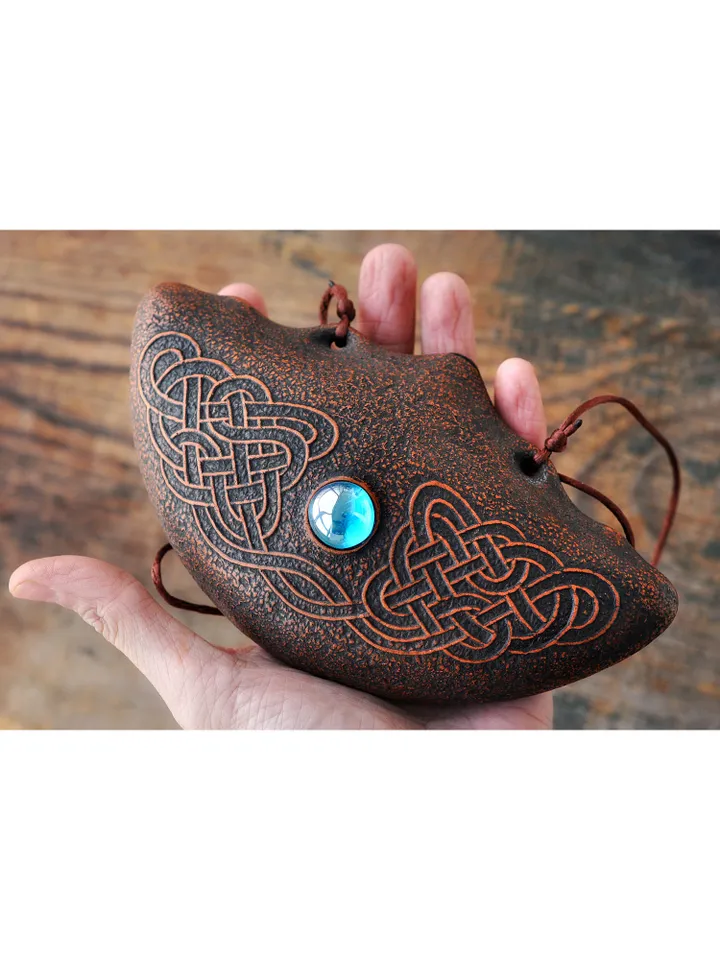 Druid flute "Element of Water" blue inlay / natural major ocarina/ ceramic musical instrument
