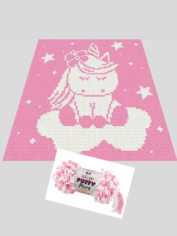 Loop yarn Finger knitted Unicorn on the cloud blanket pattern