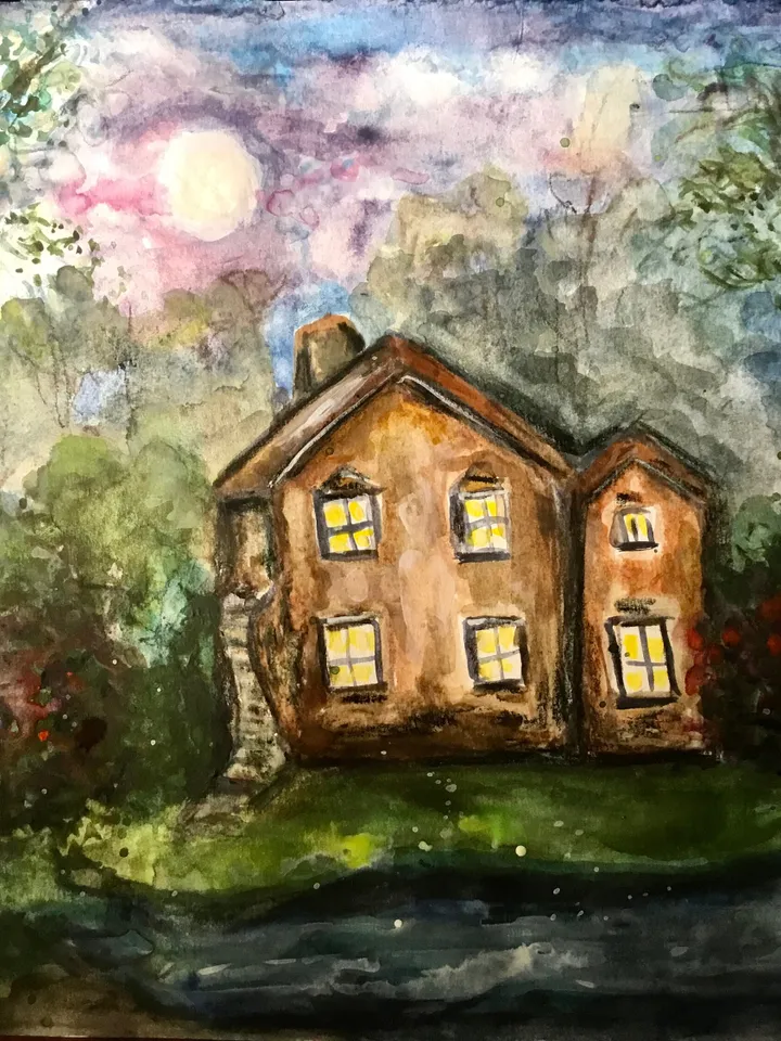 Mysterious House in the woods,original watercolour painting,forest painting,river,landscape painting,unique handmade painting,home decor