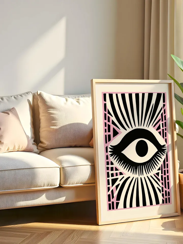 Eye Art Print Set, Bold Eye Poster, Pink Accent Graphic Print, Abstract Eye Wall Art, Minimal Eye Illustration, instant Digital Download