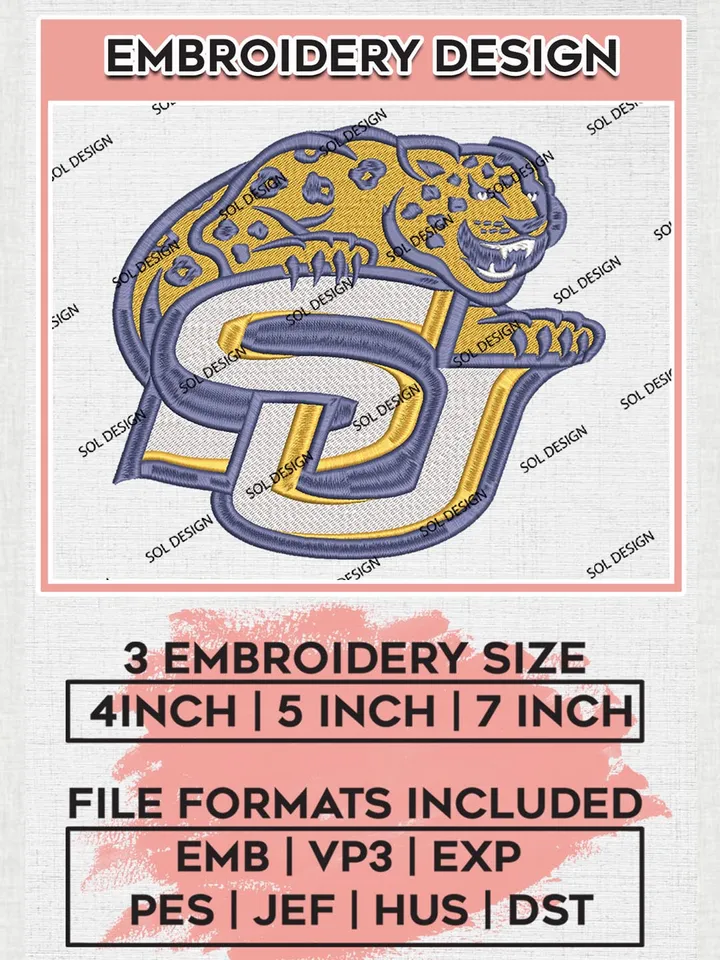 NCAA SU Jaguars Team Mascot Logo Machine Embroidery Design, NCAA Southern Jaguars Team Design Design files, NCAA Team Embroidery Designs, NCAA Machine Embroidery Designs, Digital Download
