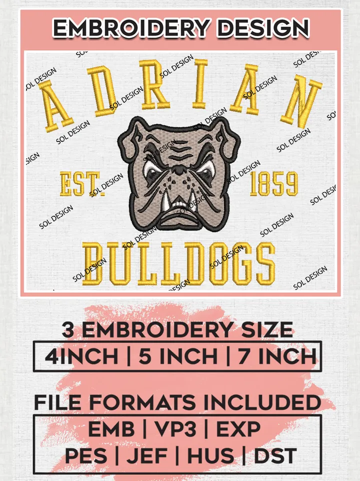 NCAA Adrian Bulldogs Team Est 1859 Logo Embroidery Design Files, NCAA Adrian College Machine Embroidery, NCAA Teams, 3 sizes, NCAA Machine embroidery designs, Digital Download