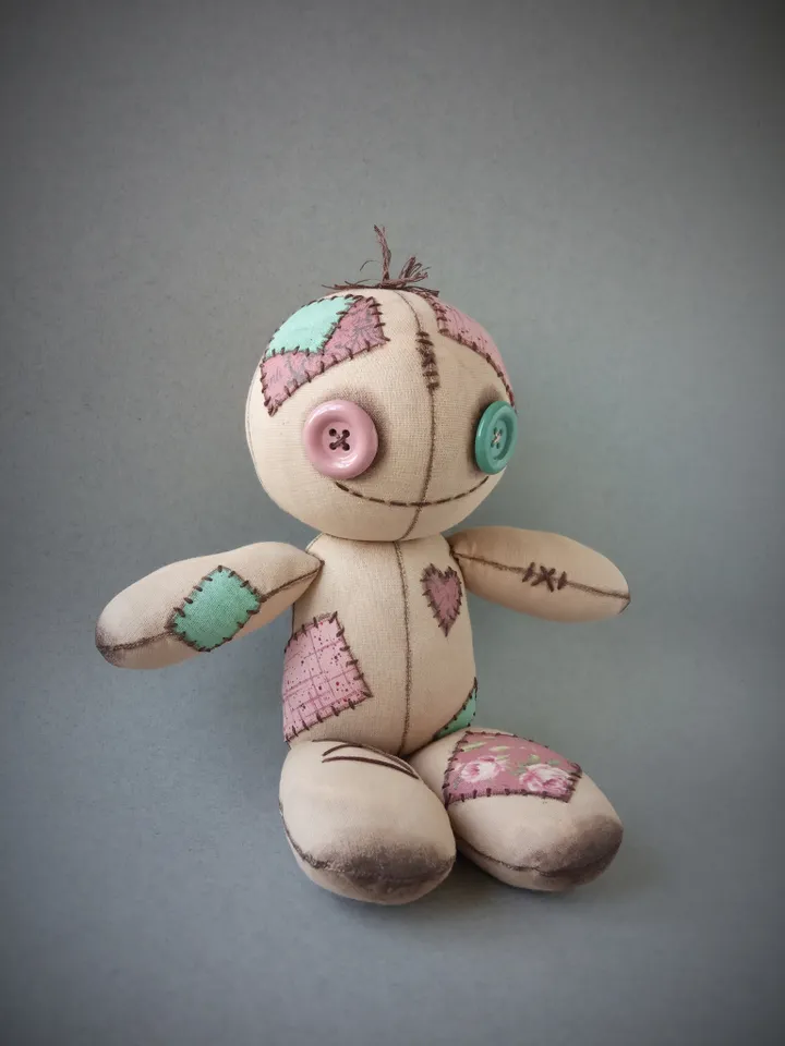 Handmade Doll With Button Eyes - Pink & Green