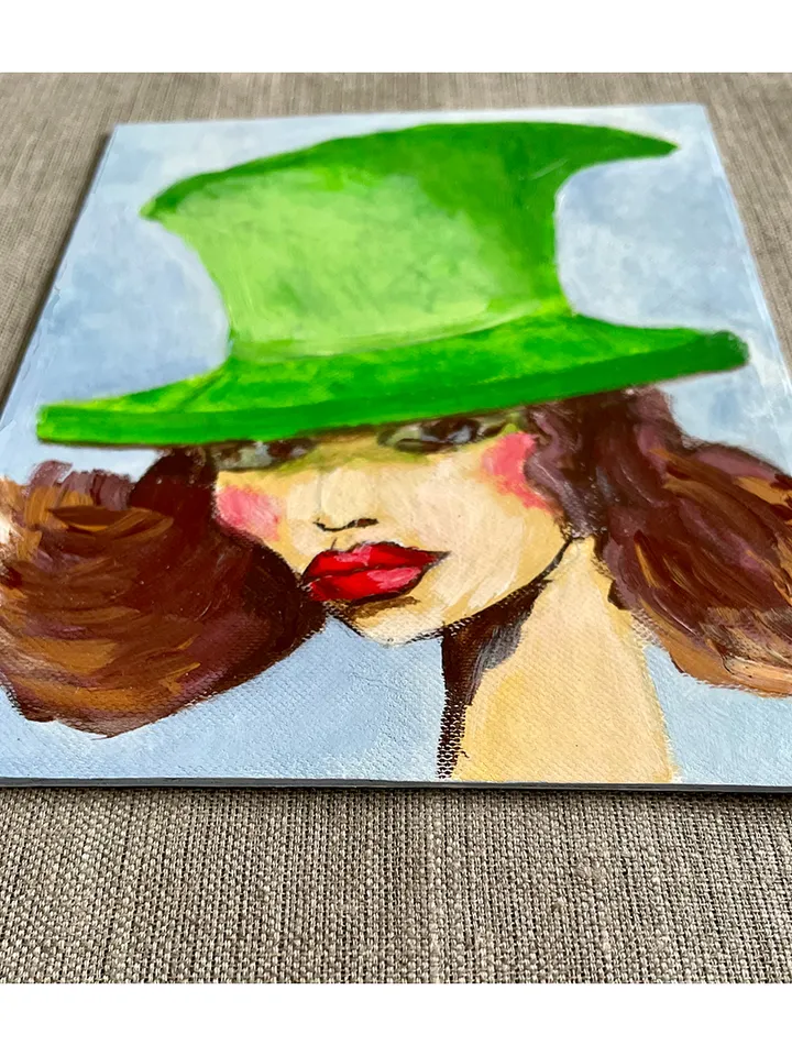 Girl in Green Hat Painting, Original Female Portrait Painting