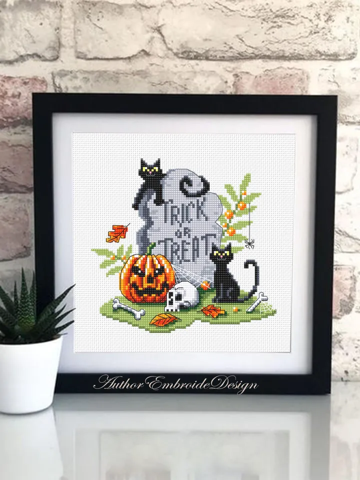 Halloween cross stitch pattern PDF download Black cat cross stitch chart, Trick or Treat Halloween pattern digital PDF, Halloween grave #H75