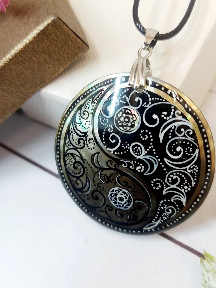 Pearl pendant necklace: Black paisley pattern in Yin Yang symbol hand painted on mother of pearl necklace • handmade boho jewelry pendant