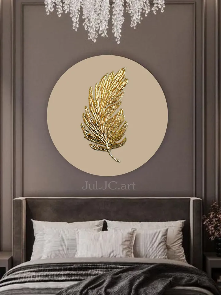 Gold Feather Abstract Painting Gold and Beige Wall Art on a round canvas Textured Artwork Modern wall decor
