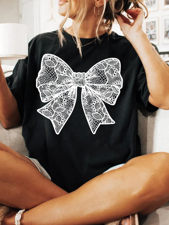 Coquette White Lace Bow PNG Coquette Bow Shirt Design Faux Embroidery Girly Valentines Day PNG Easter PNG Spring Png Mothers Day Girly Png