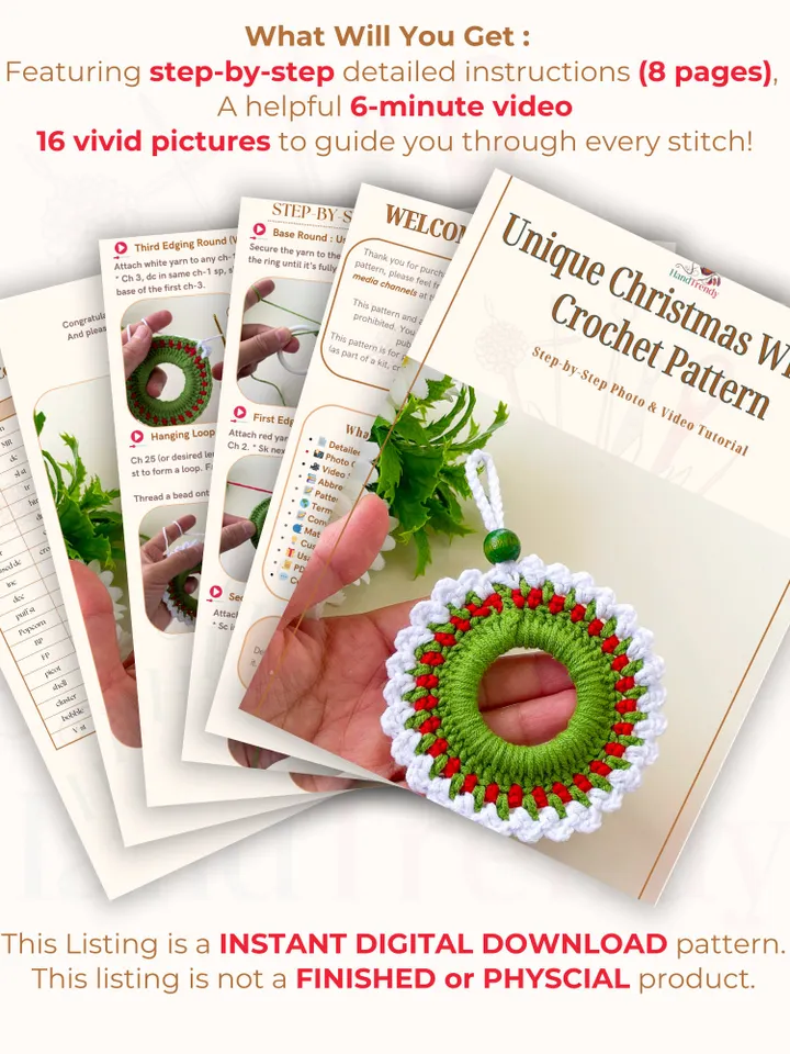 Unique Christmas Wreath Crochet Pattern, Easy Holiday Ornament PDF Tutorial, Beginner-Friendly Festive Decor, Instant Download