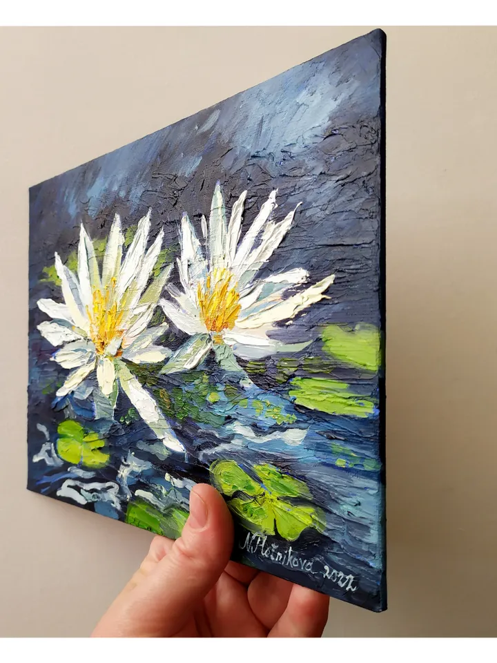 Water Lily painting Lotus Original Art Floral Artwork impasto oil painting