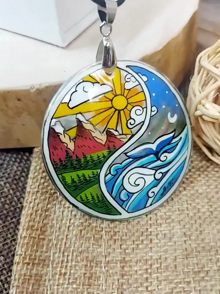 Pearl Pendant Necklace: Land and Sea as Yin Yand duality hand painted on Boho nature necklace • Nature inspired pendant • Handmade jewelry