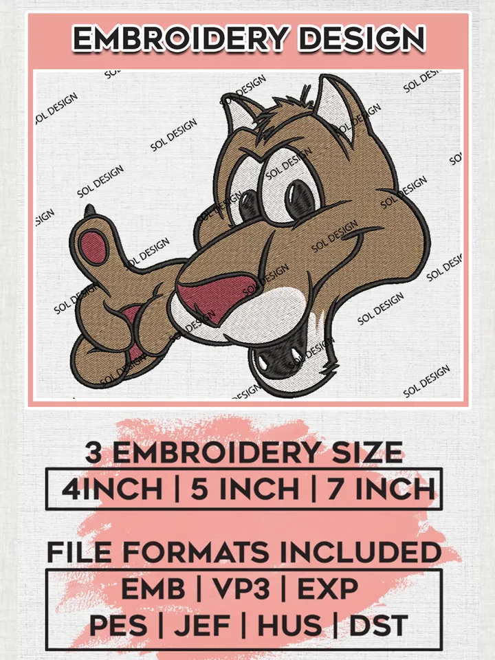 NCAA Charleston Cougars Team Funny Head Mascot  Logo Embroidery Design Files, NCAA Charleston Cougars Machine Embroidery, NCAA Teams, Game Day, 3 sizes, NCAA Machine embroidery designs, Digital Download