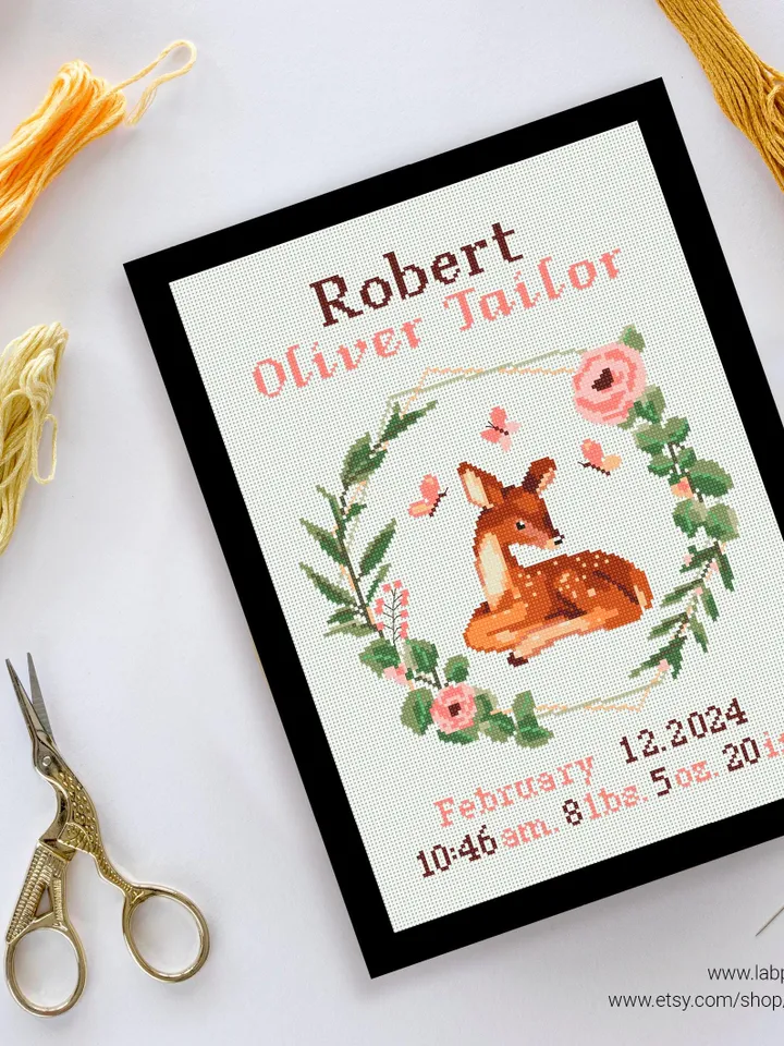 Deer  Birth announcement cross stitch pattern, baby, personalized, boy girl nursery decor, counted, chart, gift DIY, embroidery, instant PDF