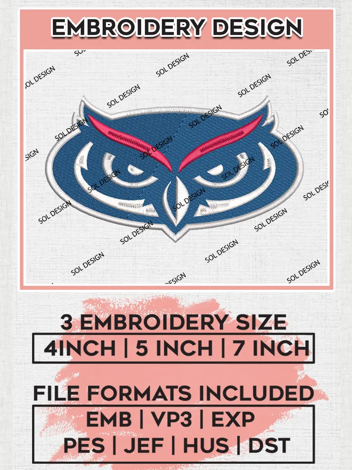 Florida Atlantic Owls Embroidery Designs, NCAA Logo Embroidery Files, NCAA Florida Atlantic Owls Logo, NCAA Embroidery Designs, Machine Embroidery Designs, Digital Download