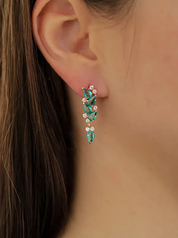 Earrings jewelry Silver gold plated 925 assay value with paraiba and cubic zirconia