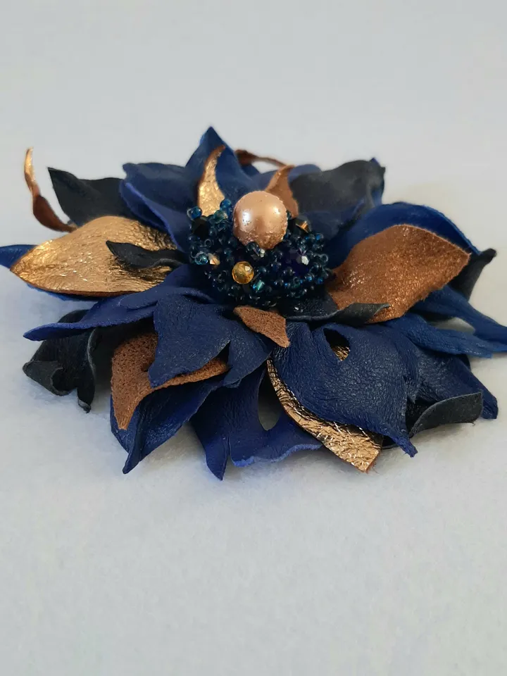 Blue leather brooch for her , 3rd anniversary gift for wife, Leather women's jewelry