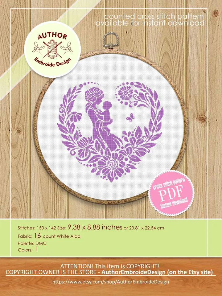 Silhouette mother baby cross stitch pattern PDF download Floral heart cross stitch chart, Monochrome pattern digital, Mothers day gift #O20