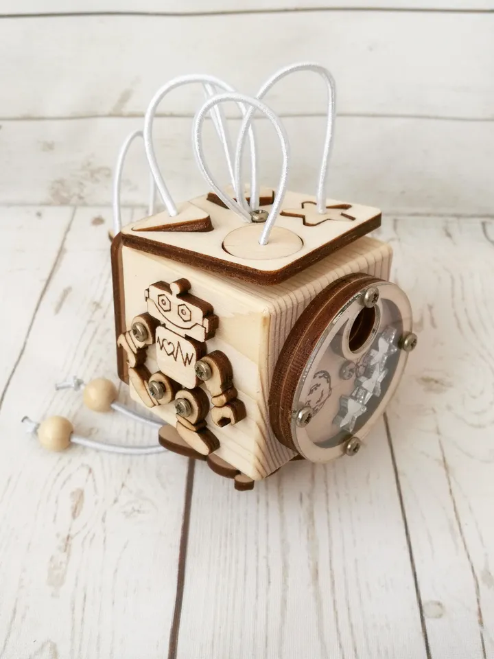 Busy cube - Space, wooden baby fidget toy, montessori travel activity
