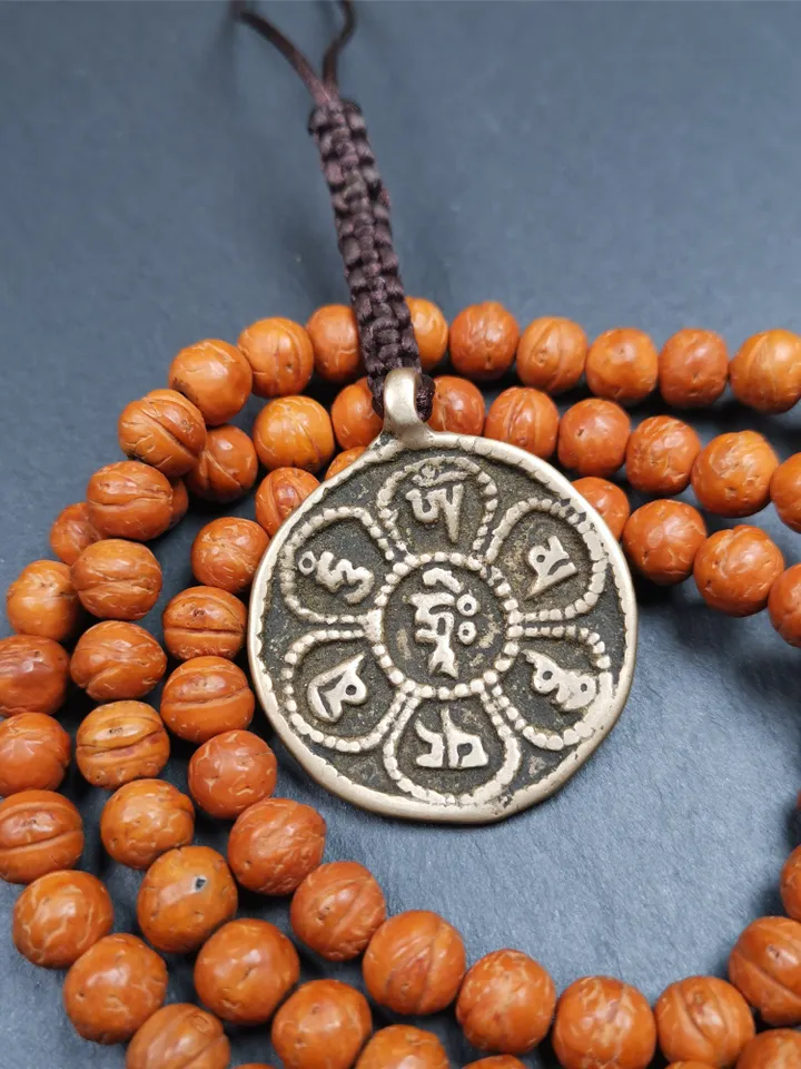 Gandhanra Handmade Tibetan Buddhist Amulet,Om Badge Pendant, Mantra of Om Mani Padme Hum, Made of Brass,1.38&quot;