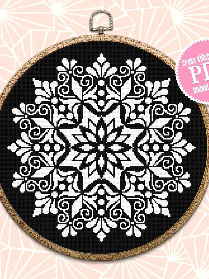 Mandala cross stitch pattern download PDF Monochrome cross stitch Flower mandala embroidery Modern floral ornament cross stitch chart #M111