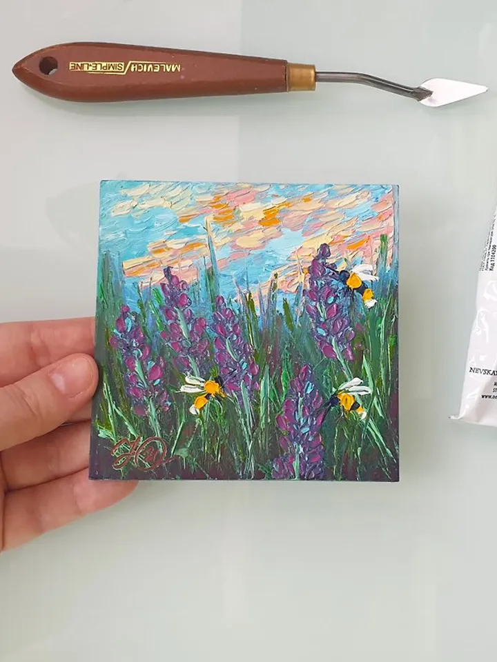 Lavender Fields Painting Bees Original Art Floral Wall Art Small Oil Painting