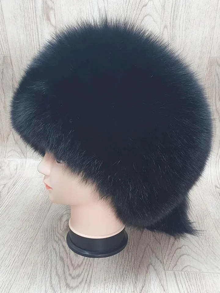Women's hat made of fox fur. Black fur hat made of natural fur. Winter hat made of whole fur, warm, comfortable Barbara.