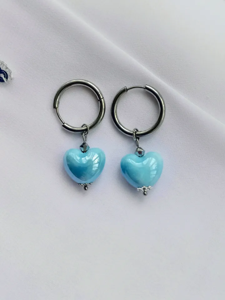 Handmade hoop earrings transformers with 6 pendants, blue and silver heart shaped earrings, Swarovski pearls earrings