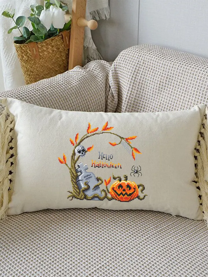 Hello Halloween cross stitch pattern download PDF Pumpkin cross stitch chart, Spooky Halloween pattern digital PDF Fall beginner stitch #H48