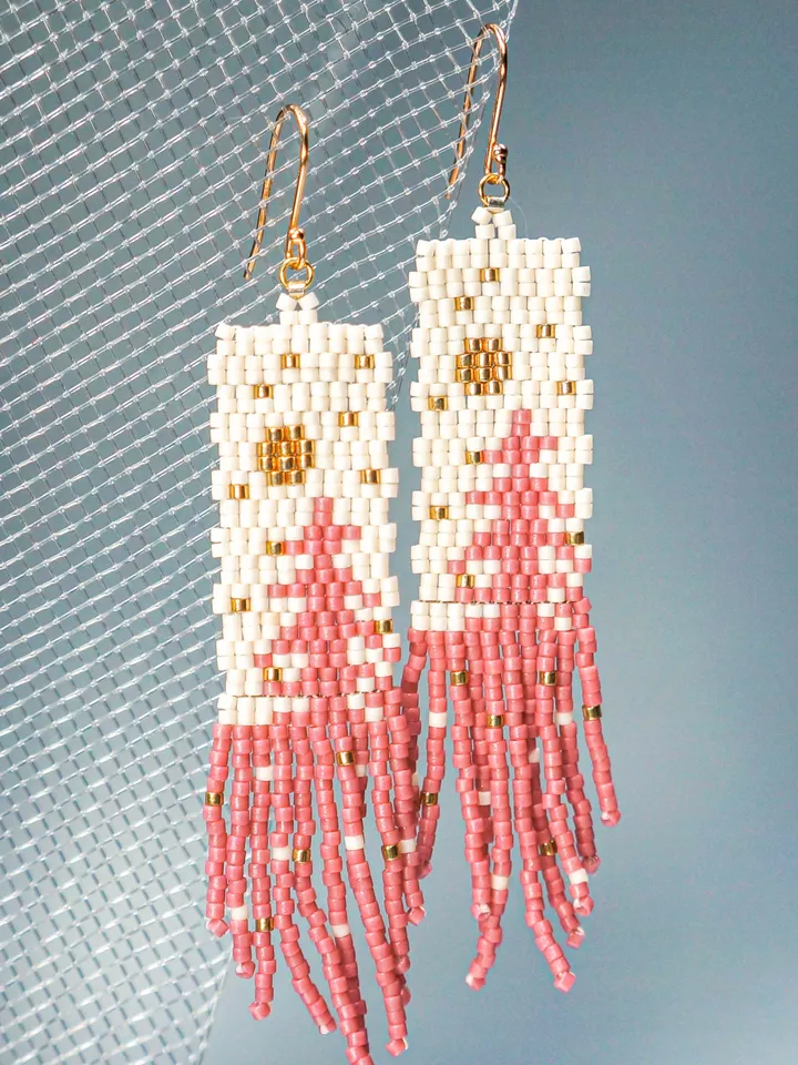 Trees-Patterned pink pine Japanese Bead and sterling Silver Earrings A Fusion of Elegance and Nature