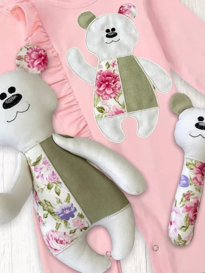 Machine embroidery designs set for babies: Soft toy, Rattle and Bear application Project in the hoop