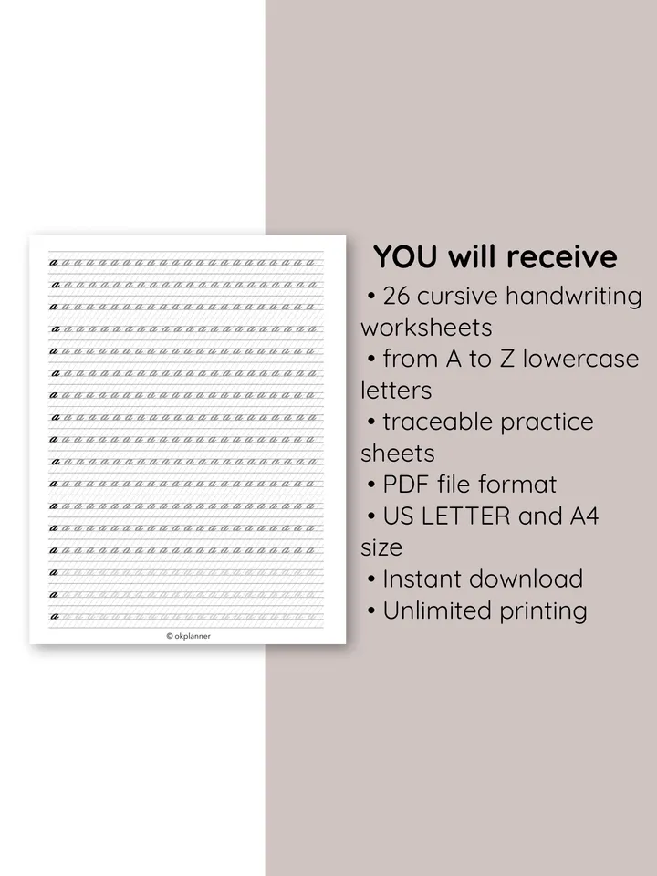 Printable Calligraphy Handwriting Worksheets: Fun Tracing for Kids' Writing Skills. Lowercase letter. Printable writing templates. Cursive handwriting exercises. Handwriting practice for children.