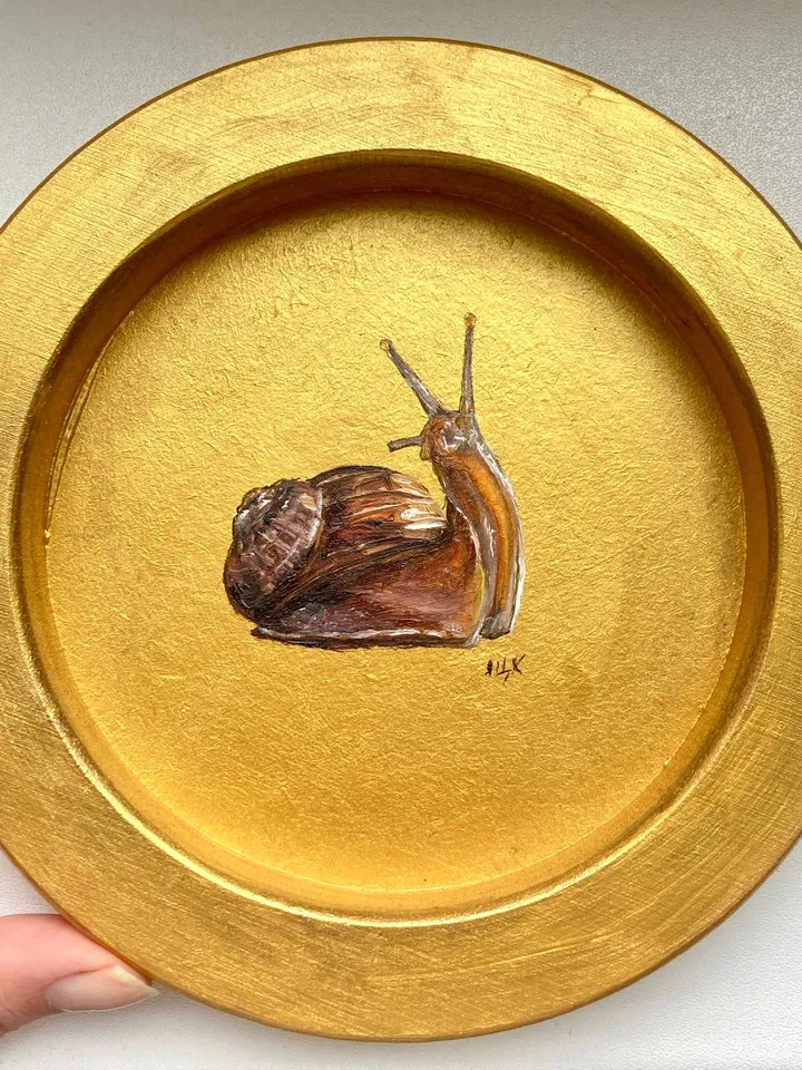 Framed Snail Oil Painting Original Round Art Gold Frame Painting Academia