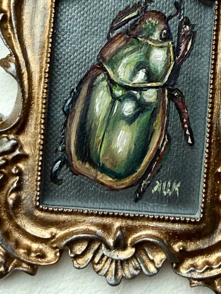 Framed Insect Oil Painting Original Entomology Art Beetle Painting Gold Frame Dark Academia