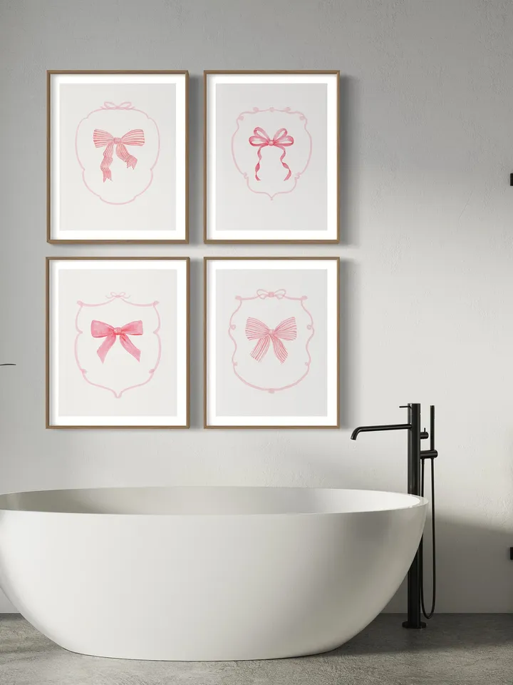 Pink Bow Set Of 4 Watercolor Painting, Love Shack Fancy, Preppy Girls Gift, Baby Bow Art, Nursery Decor, Watercolor Bow, Little Girl Nursery