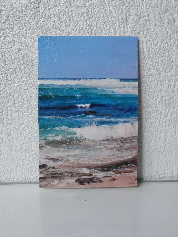 Ocean painting 5'x3' Seascape miniature artwork Turquoise wave Sandy shore