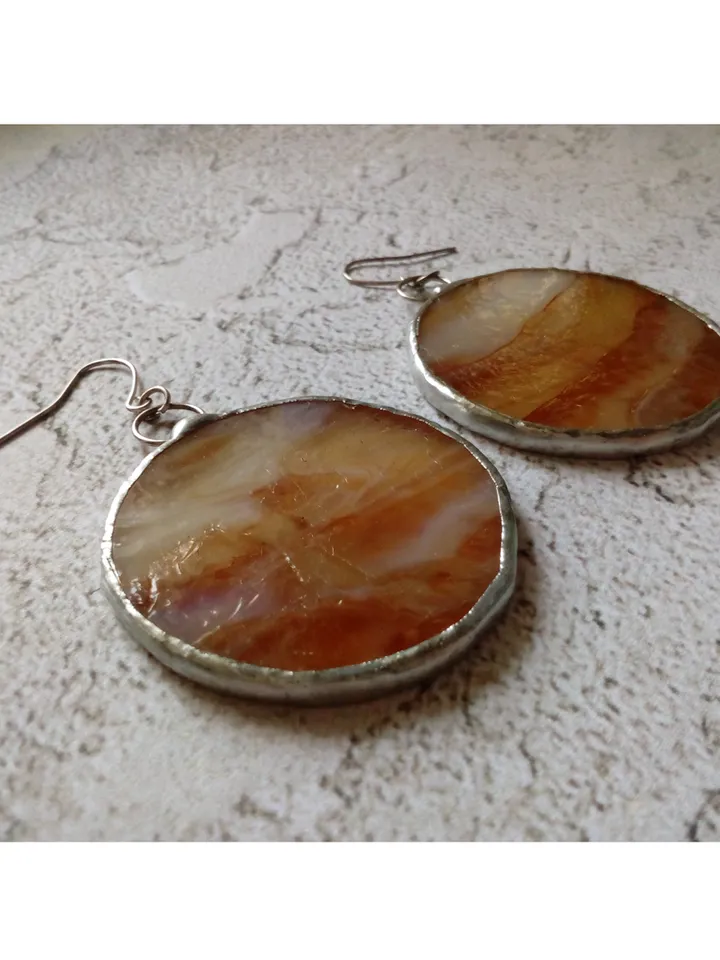 Stained glass brown earrings, Round stained glass, stainglass cute earrings, Dangle earrings, Geometric earrings