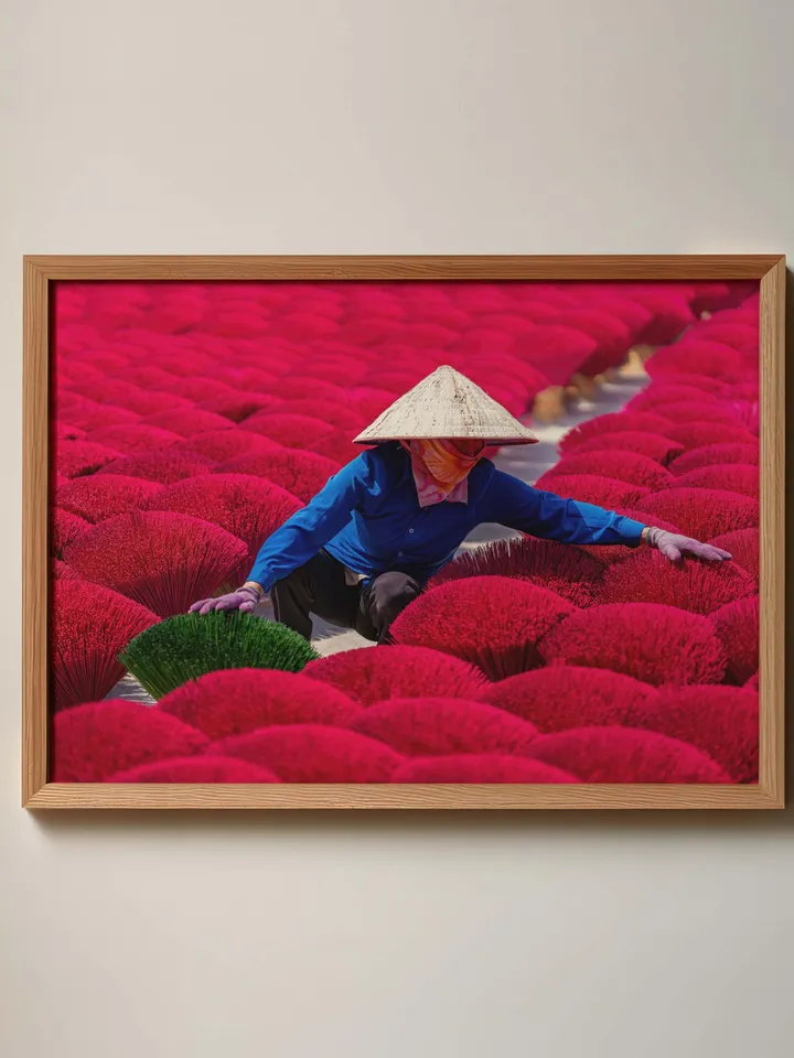 Vietnam Culture Poster | Vibrant Pink Wall Decor | Asian Travel Print | Exotic Home Art | Vietnamese Traditional Life Print | Incense Sticks