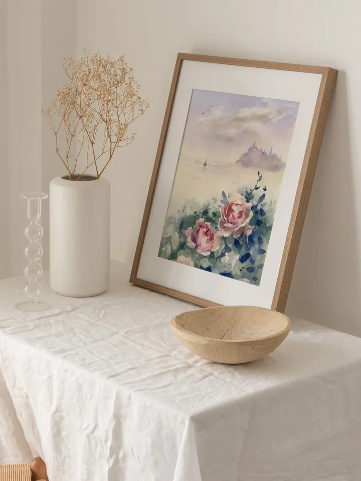 Fantasy seascape painting Original art Castle, roses and sea Watercolor by Yulia Evsyukova