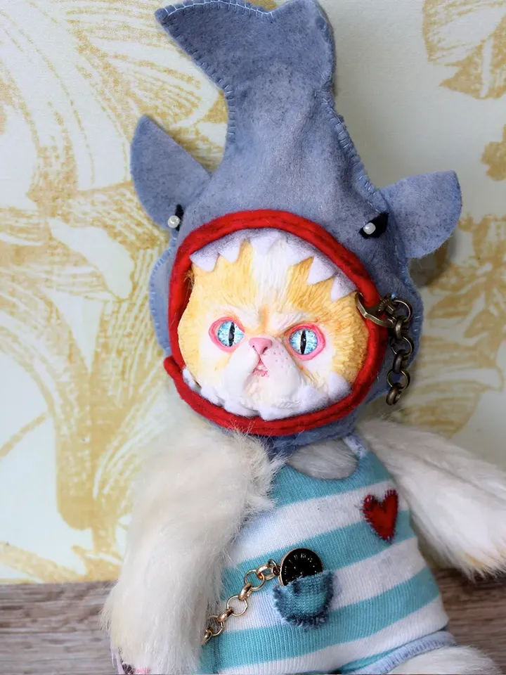 Handmade mixmedia toy The Cat fisherman OOAK collectable art doll