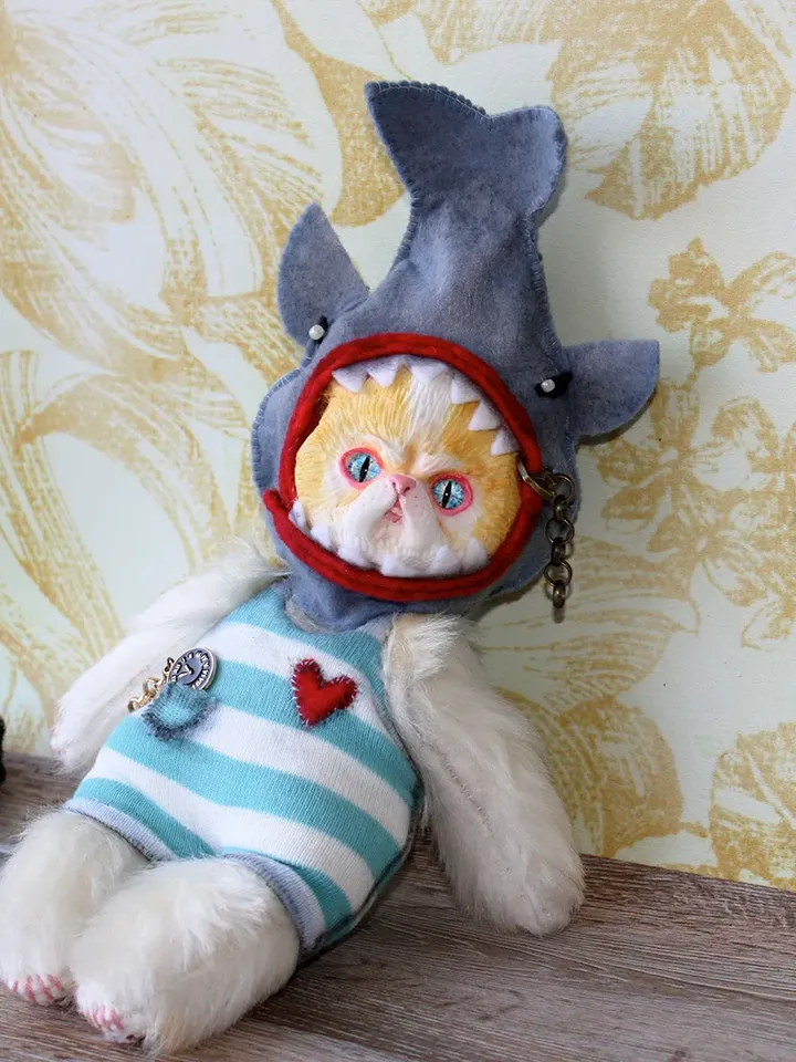 Handmade mixmedia toy The Cat fisherman OOAK collectable art doll