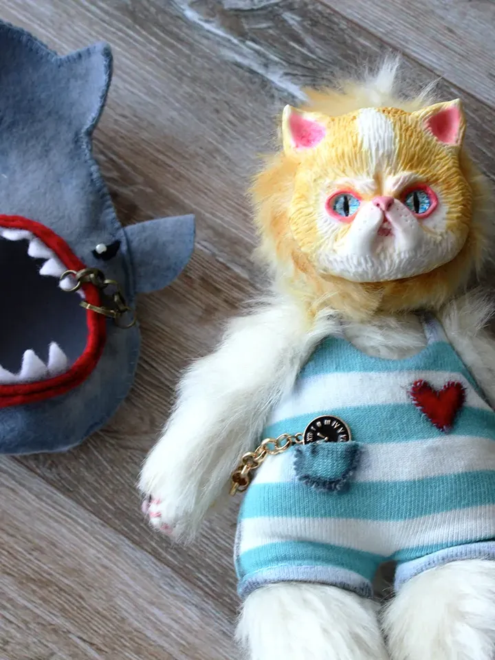 Handmade mixmedia toy The Cat fisherman OOAK collectable art doll