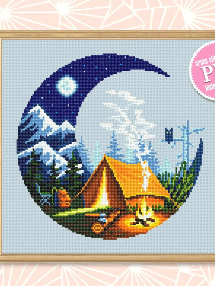Camping cross stitch pattern download PDF Nature landscape cross stitch Campfire tent xstitch chart Adventure awaits Nature lover gift #L26