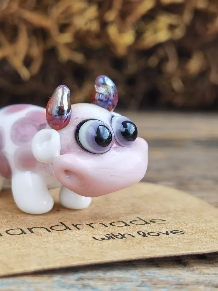 GLASS FIGURINES Cow figurine Glass cow Miniature cow tiny cow Tiny glass animals Farm animals Strawberry Dollhouse miniature Blown